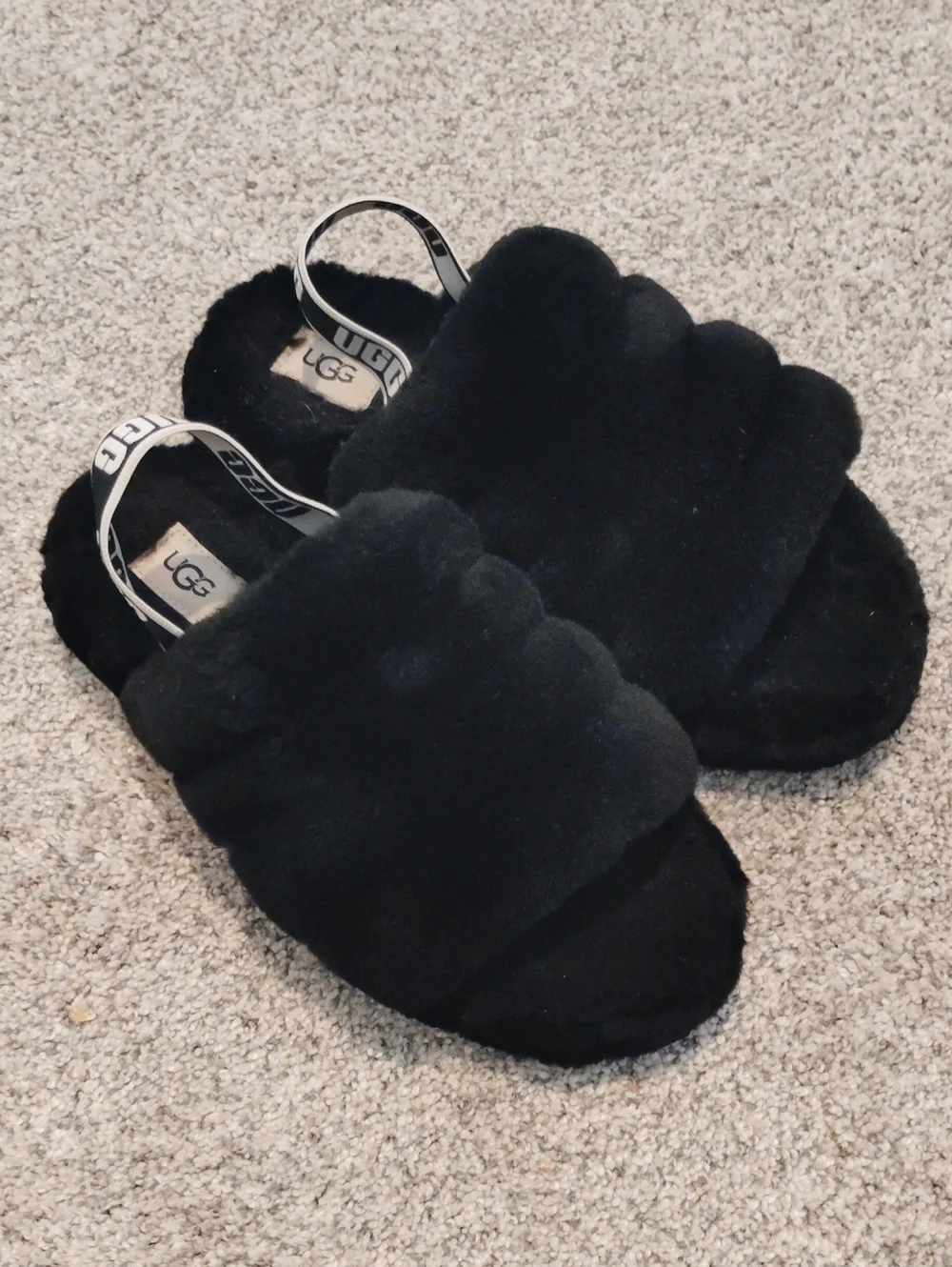 UGG Black Fluff Yeah Slide Sandals with Branded Elastic Strap
